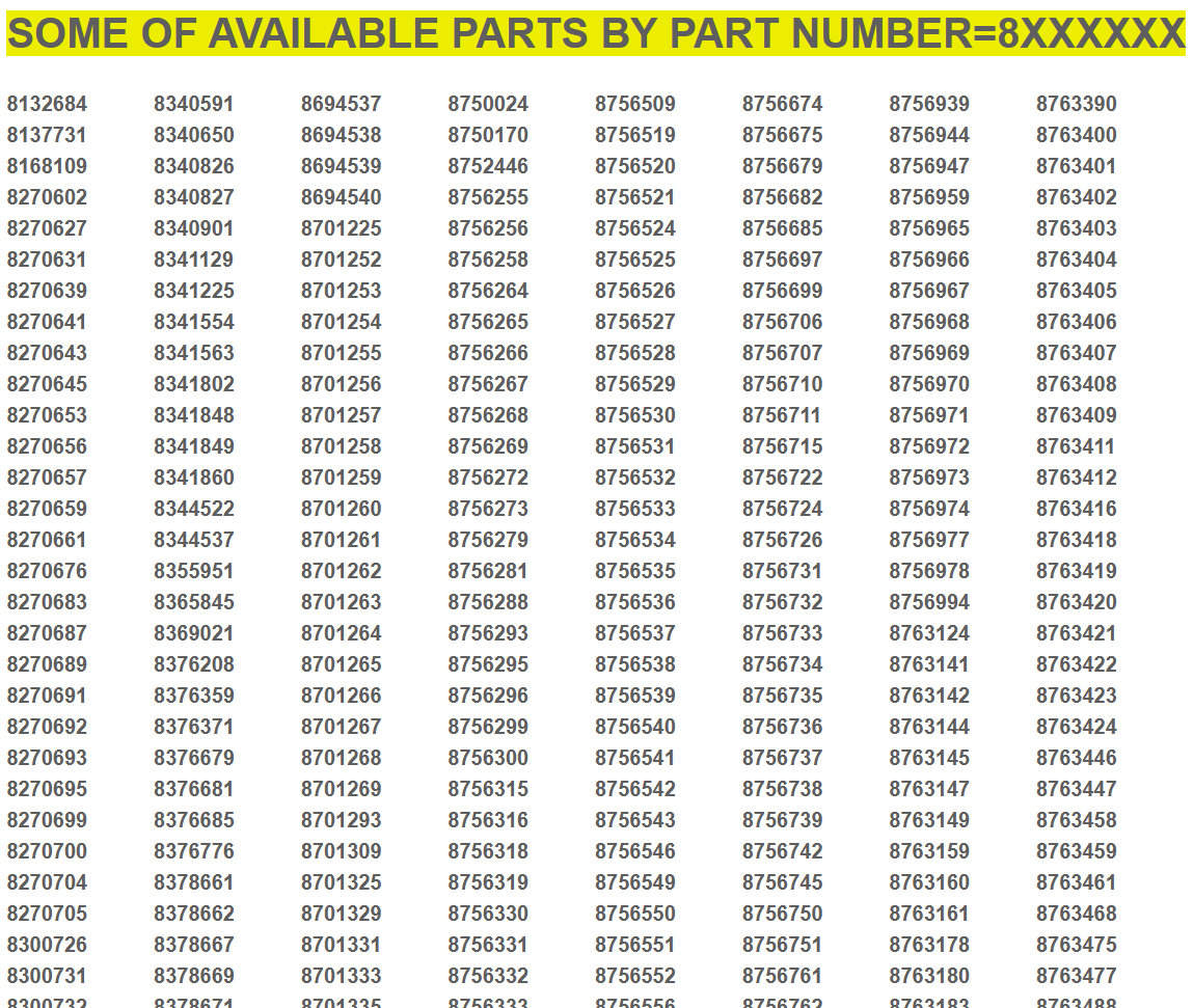 PART NUMBERS = 8XXXXXX