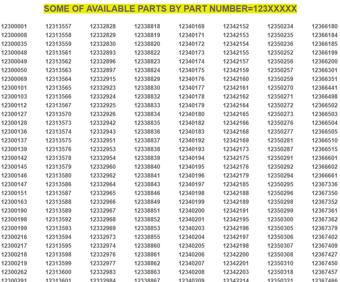 PART NUMBERS =123XXXXX