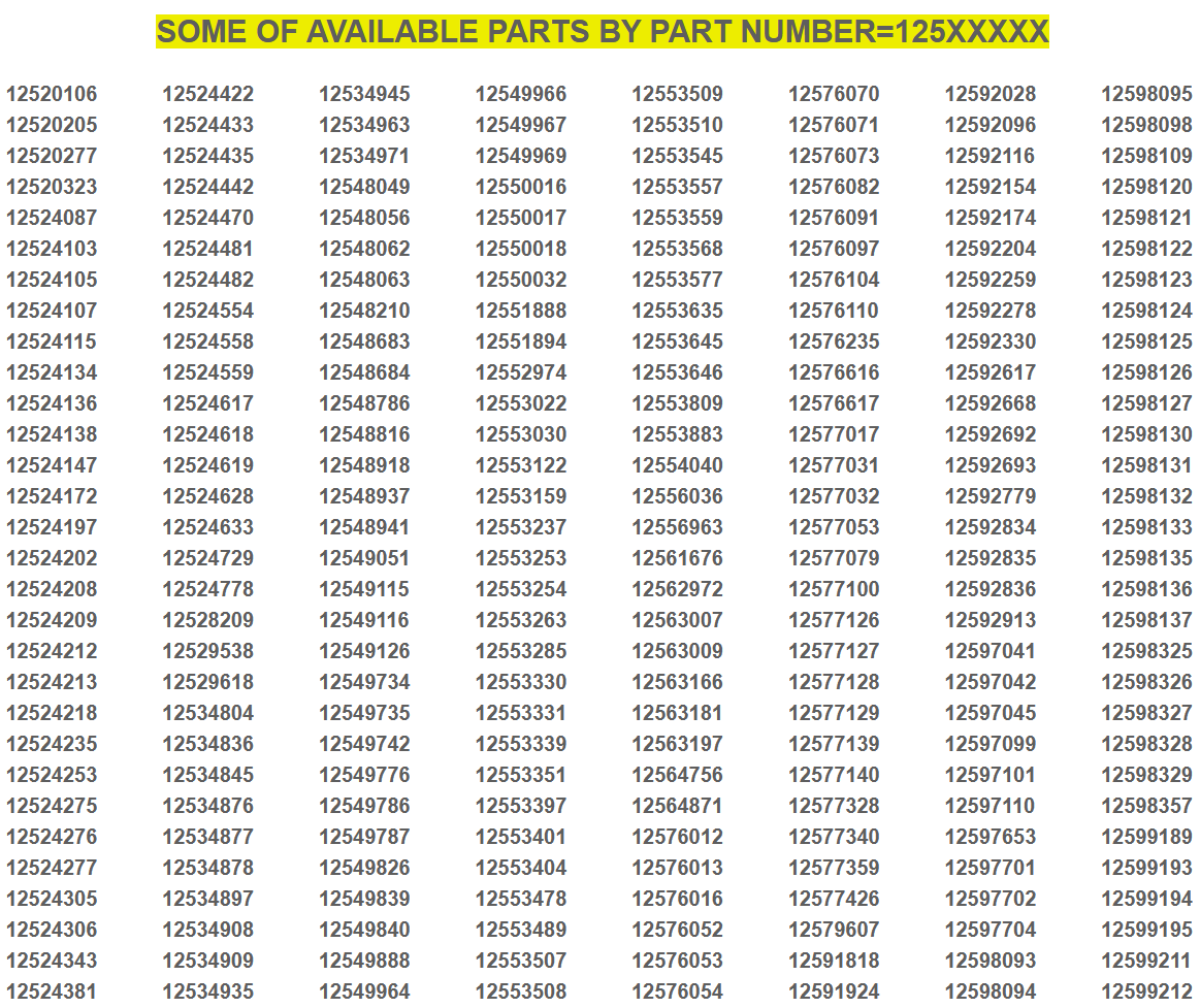 PART NUMBERS= 125XXXXX